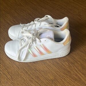 Adidas White Shoes with Rainbow Stripes